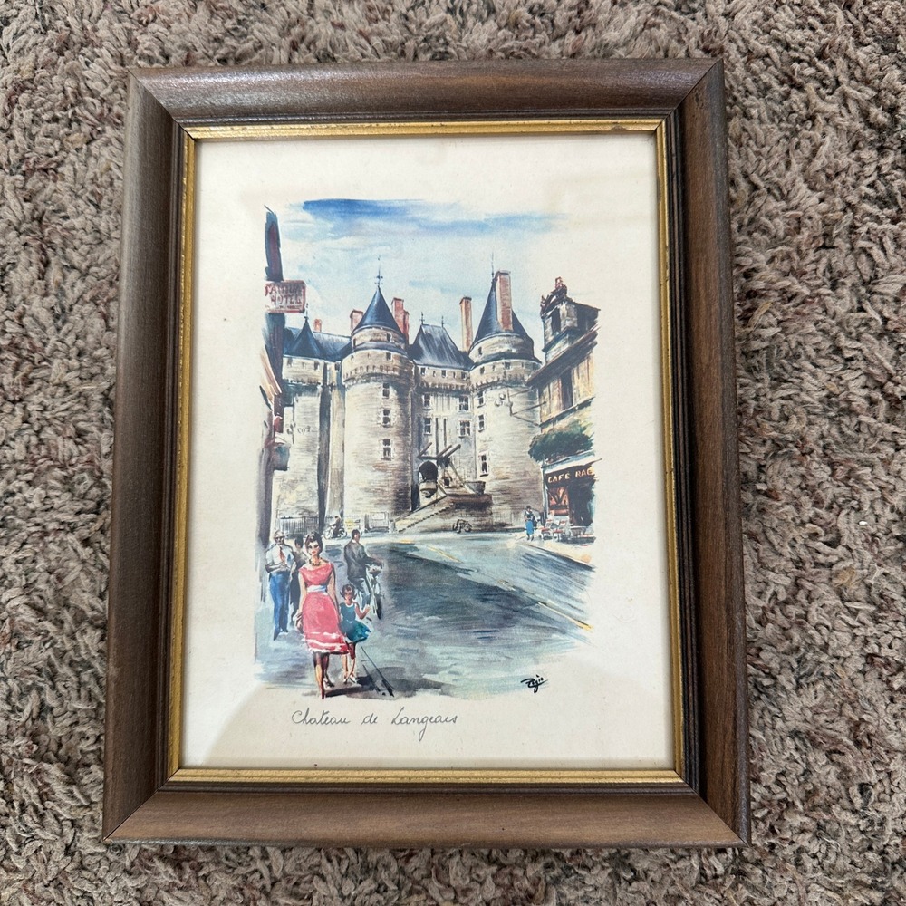 Vintage Chateau de Langeais French Castle Watercolor Print Framed Art Pajot